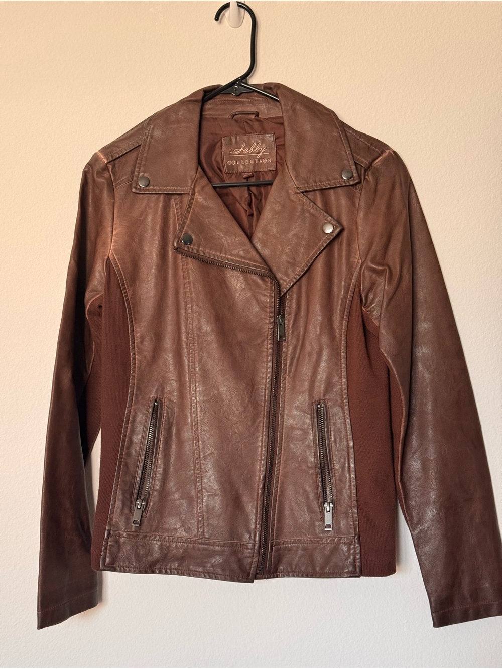 Sebby Collection Brown Faux Leather Mixed Media Moto Jacket Size Small -Like New